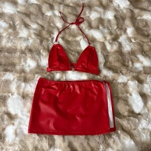 Red Halter Bikini Top and Skirt Set